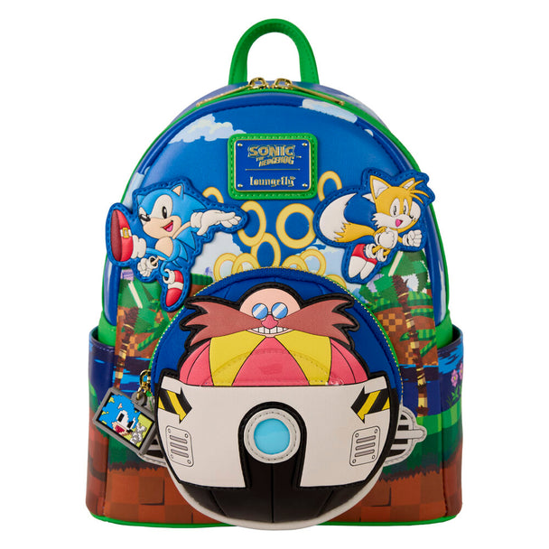 Sac à dos Loungefly Sonic the Hedgehog vue de face avec design coloré et logo officiel