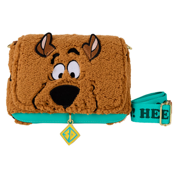 Sac bandoulière Loungefly Scooby-Doo vue de face avec motifs colorés et logo officiel