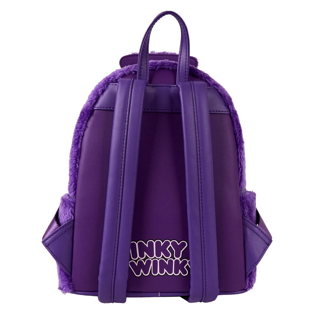 Zoom sur les détails du sac à dos Loungefly Tinky-Winky montrant la qualité des coutures et matériaux