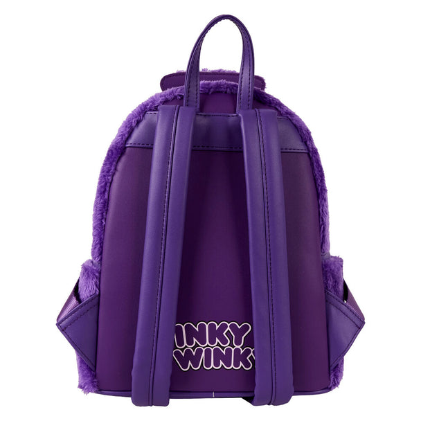 Zoom sur les détails du sac à dos Loungefly Tinky-Winky montrant la qualité des coutures et matériaux