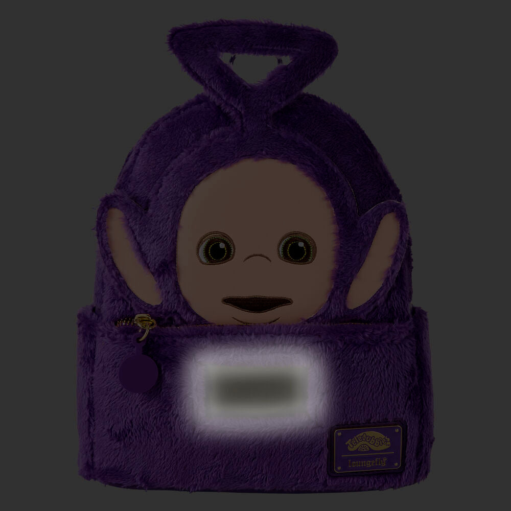 Vue latérale du sac à dos Loungefly Teletubbies avec fermeture éclair robuste et design coloré
