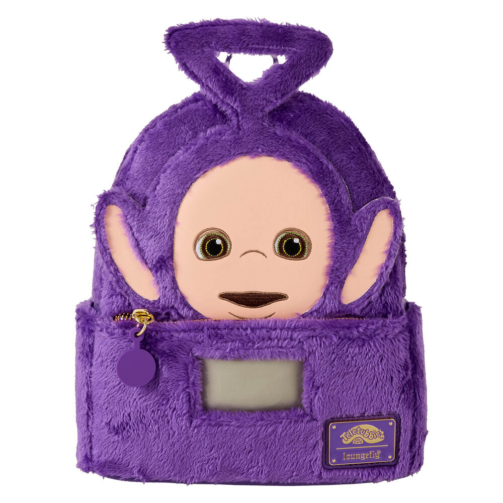 Vue avant du sac à dos Loungefly Tinky-Winky Teletubbies avec couleurs vives et logo officiel
