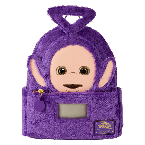 Vue avant du sac à dos Loungefly Tinky-Winky Teletubbies avec couleurs vives et logo officiel