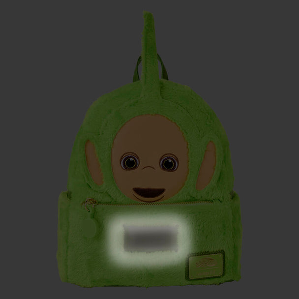 Détail du sac à dos Loungefly Teletubbies Dipsy montrant la fermeture éclair et les coutures précises