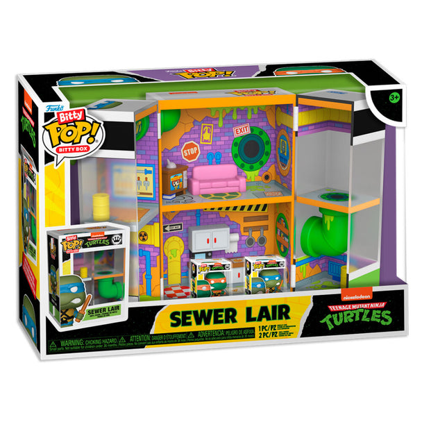 Emballage original de la figurine Bitty POP Boxes Ninja Turtles Sewer Lair par Funko avec illustrations colorées