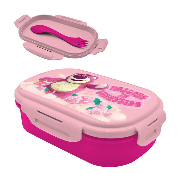 Lunch box Lotso Toy Story Disney Pixar avec couverts assortis, dimensions 18x7,5x3 cm, design coloré pour enfants.