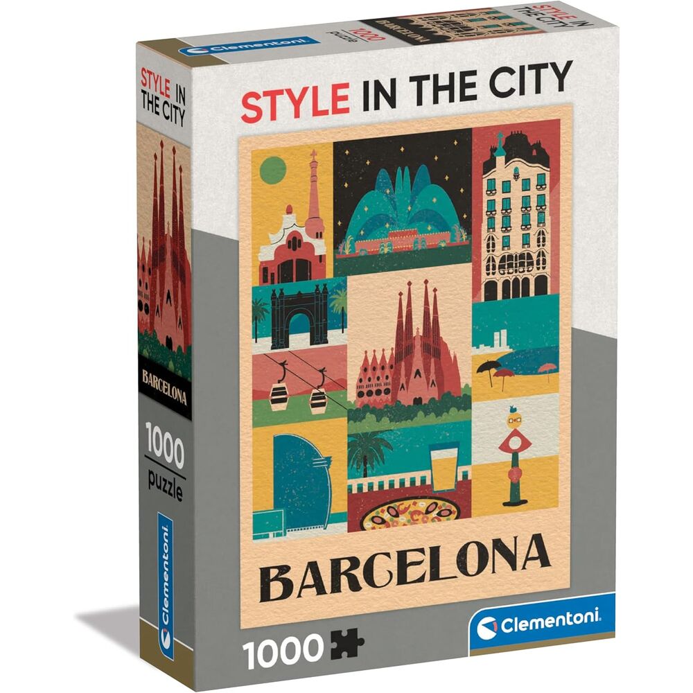 Image du puzzle complet Style in the City Barcelona de CLEMENTONI, mesurant 70x50 cm avec une illustration vibrante de la ville