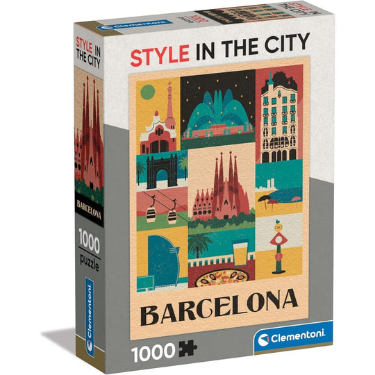 Image du puzzle complet Style in the City Barcelona de CLEMENTONI, mesurant 70x50 cm avec une illustration vibrante de la ville