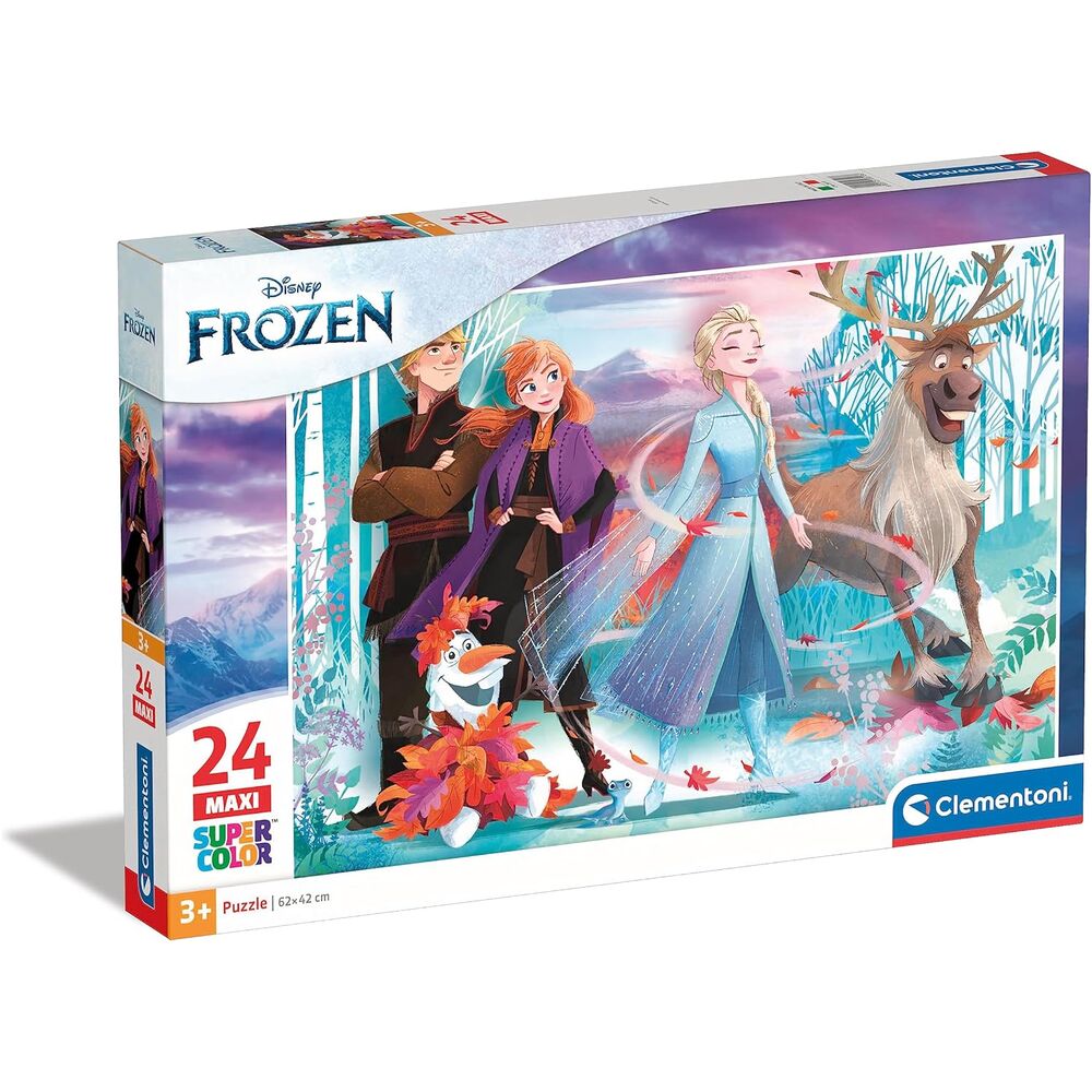 Boîte du puzzle Disney Frozen 2 Maxi 24 pièces avec le logo CLEMENTONI et une illustration attrayante