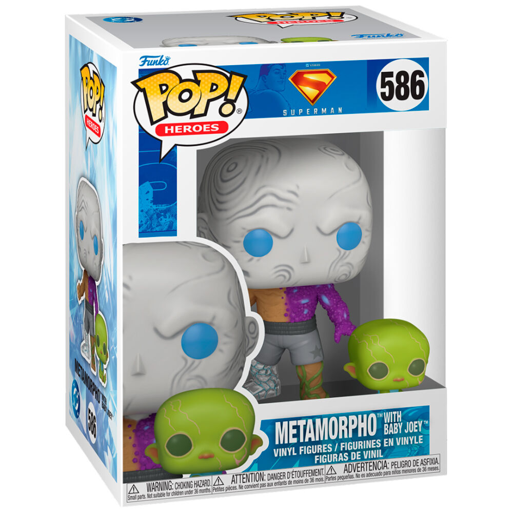Détail de la figurine Funko POP Superman Metamorpho avec Baby Joey, vue de face avec couleurs vives et finitions soignées
