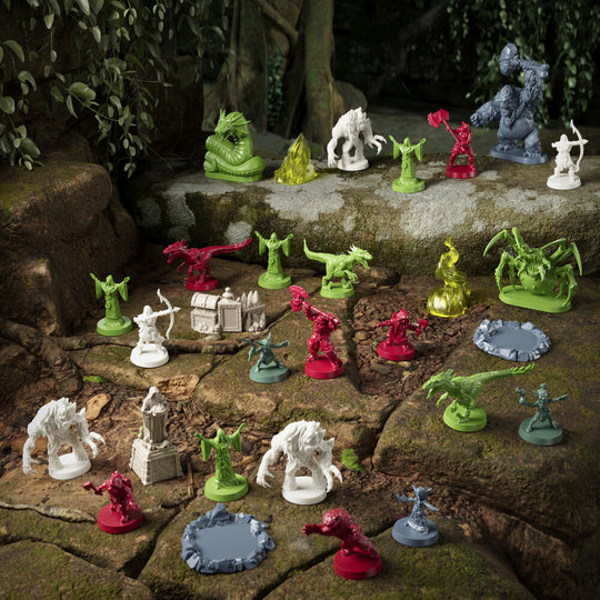 Vue rapprochée des éléments de jeu en plastique et accessoires de l'extension Heroquest