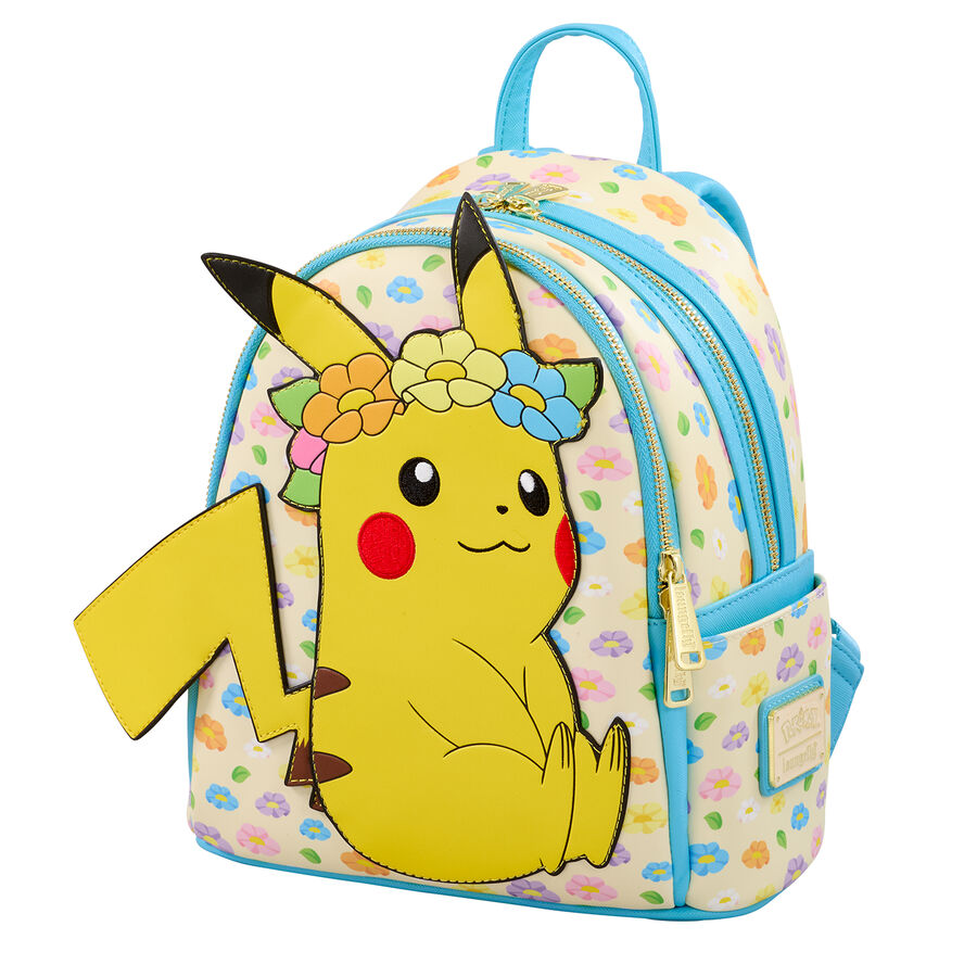 Détail du motif floral et Pikachu imprimé sur le sac à dos Loungefly Pokémon