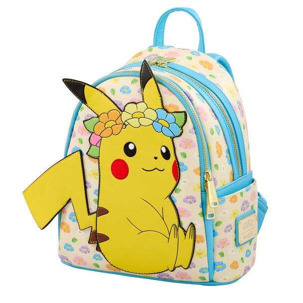 Détail du motif floral et Pikachu imprimé sur le sac à dos Loungefly Pokémon