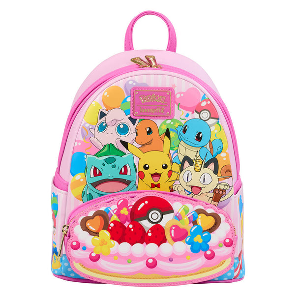 Vue avant du sac à dos Loungefly Pokémon Friends Party avec motifs colorés et logo officiel
