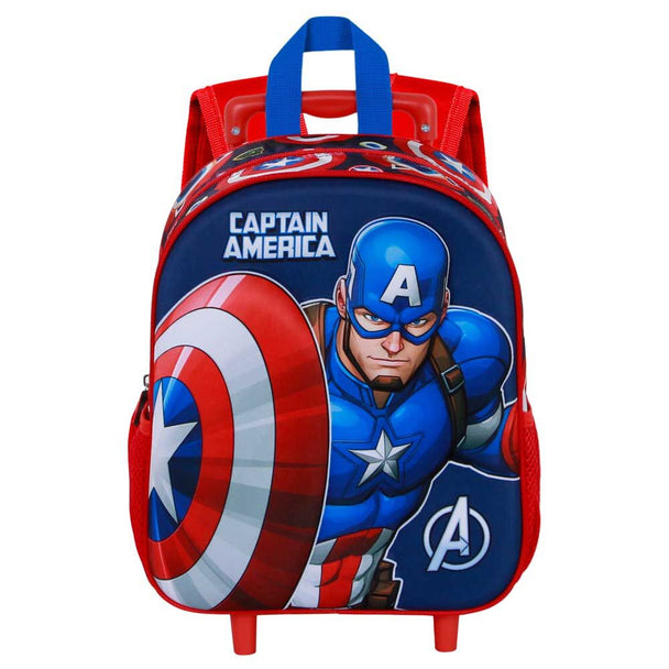 Profil du sac enfant Marvel avec poignée télescopique et deux roues robustes visibles