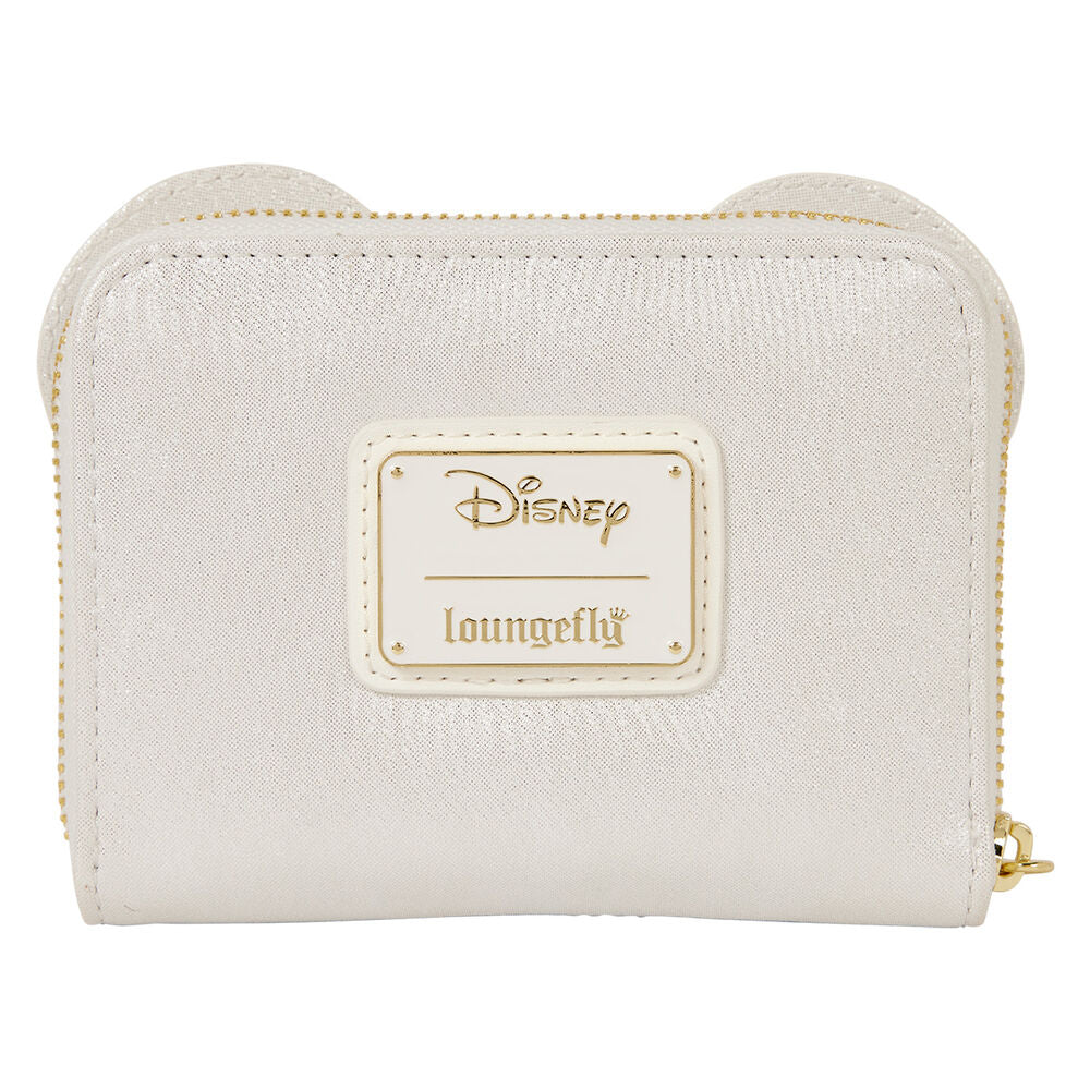 Vue latérale du portefeuille Loungefly Disney Minnie Wedding illustrant son épaisseur compacte