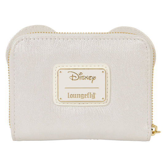 Vue latérale du portefeuille Loungefly Disney Minnie Wedding illustrant son épaisseur compacte