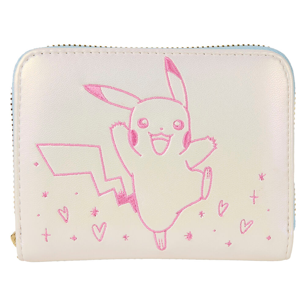 Vue avant du portefeuille Loungefly Pokémon Pikachu avec illustration colorée de Pikachu sur fond jaune vif