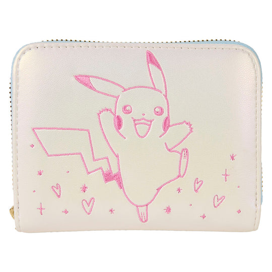 Vue avant du portefeuille Loungefly Pokémon Pikachu avec illustration colorée de Pikachu sur fond jaune vif