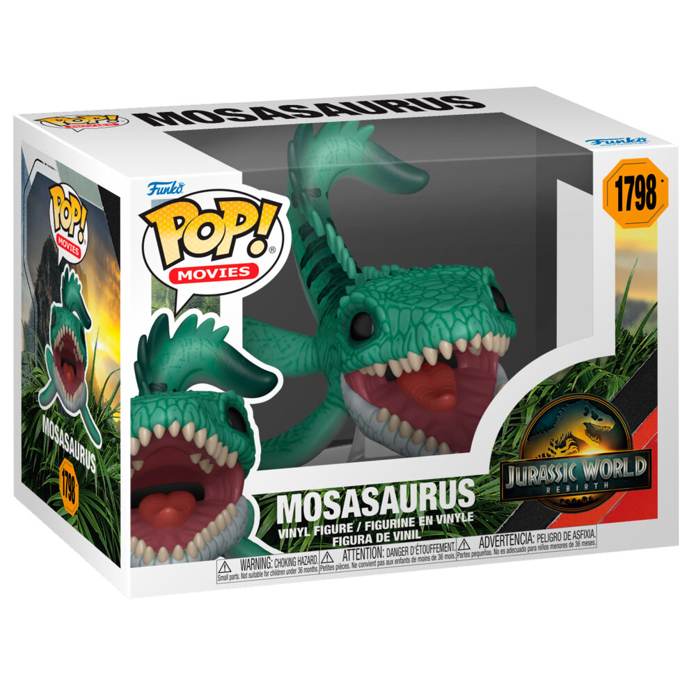 Figurine Funko POP Mosasaurus de Jurassic World 5 en vinyle, vue de face avec détails réalistes et boîte cadeau