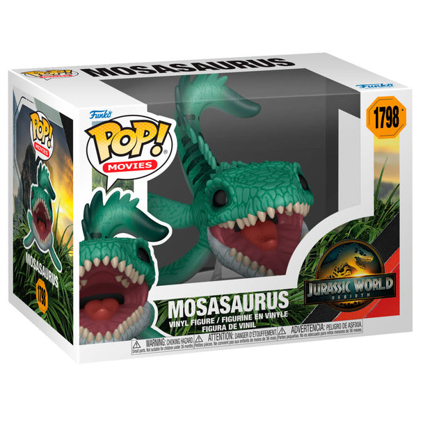 Figurine Funko POP Mosasaurus de Jurassic World 5 en vinyle, vue de face avec détails réalistes et boîte cadeau