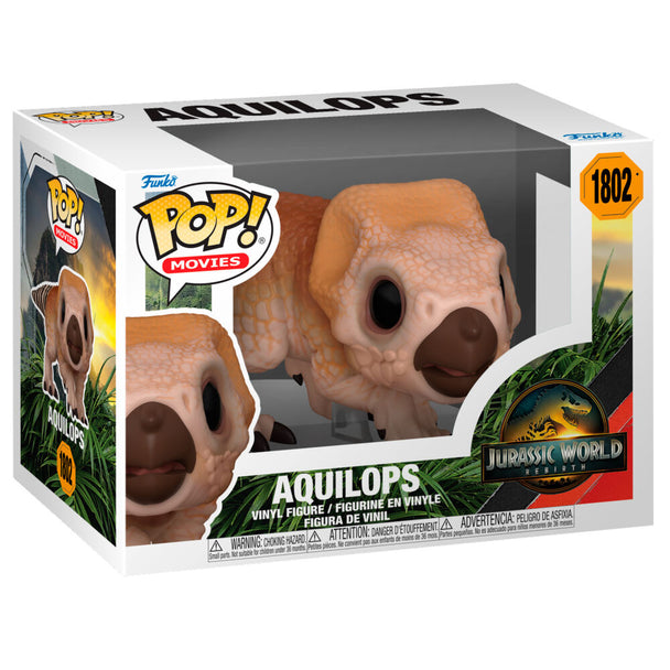 Figurine Funko POP Aquilops Jurassic World 5 en vinyle, 9 cm, vue de face dans sa boîte cadeau