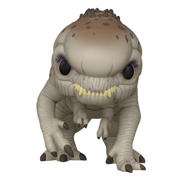 Vue rapprochée de la figurine Funko POP Distortus Rex Jurassic World 5 montrant les détails du design et les couleurs vives