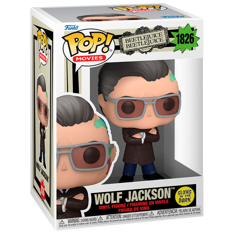 Figurine Funko POP Beetlejuice Wolf Jackson posée sur une surface blanche, mettant en valeur son design unique