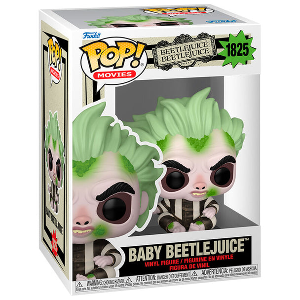 Vue rapprochée de la figurine Baby Beetlejuice Funko POP montrant les détails colorés et le design unique