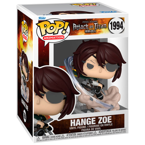 Vue rapprochée de la figurine Funko POP Hange Zoe Attack on Titan, mettant en valeur les détails et la finition de la figurine en vinyle.