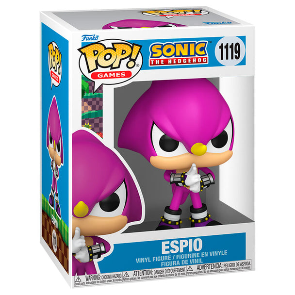 Vue rapprochée de la figurine Funko POP Espio Sonic The Hedgehog montrant les détails du design et la boîte