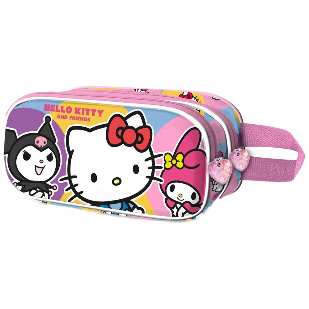 Trousse Hello Kitty et ses amis, design 3D double compartiment, idéale pour ranger stylos et crayons avec style et organisation.