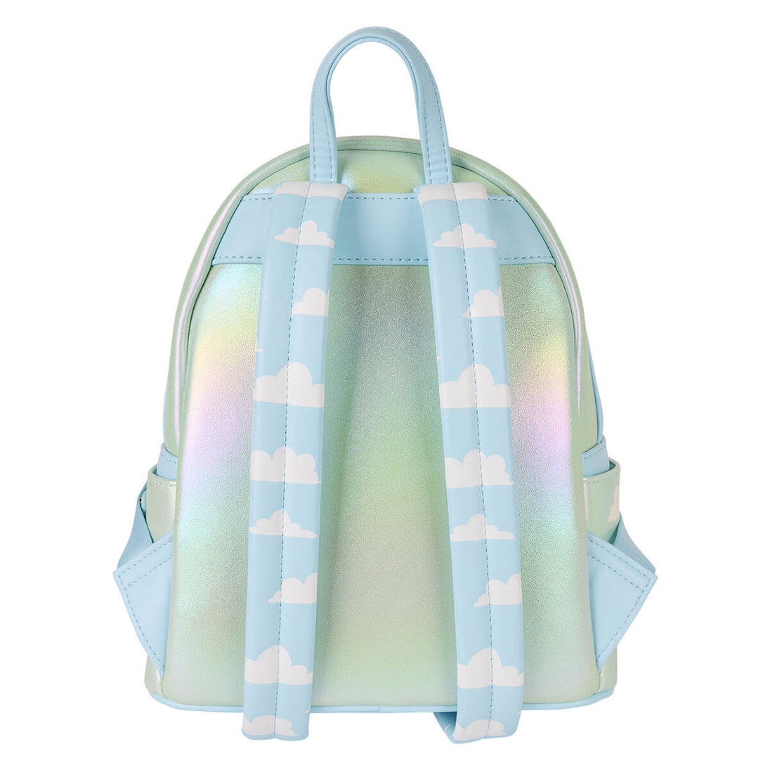Détail du sac à dos Loungefly montrant les motifs Mickey & Friends en montgolfière sur fond clair