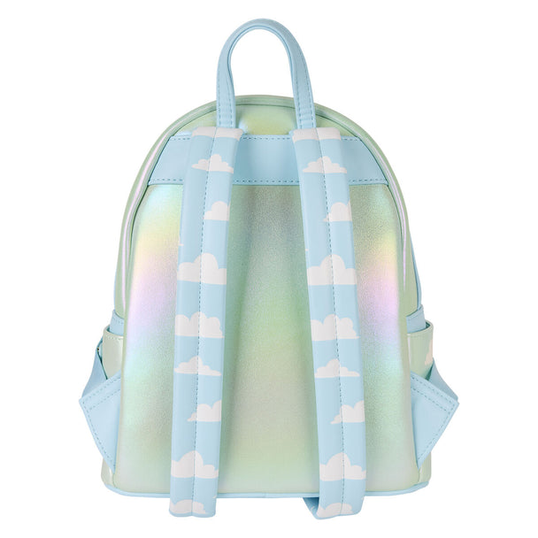 Détail du sac à dos Loungefly montrant les motifs Mickey & Friends en montgolfière sur fond clair