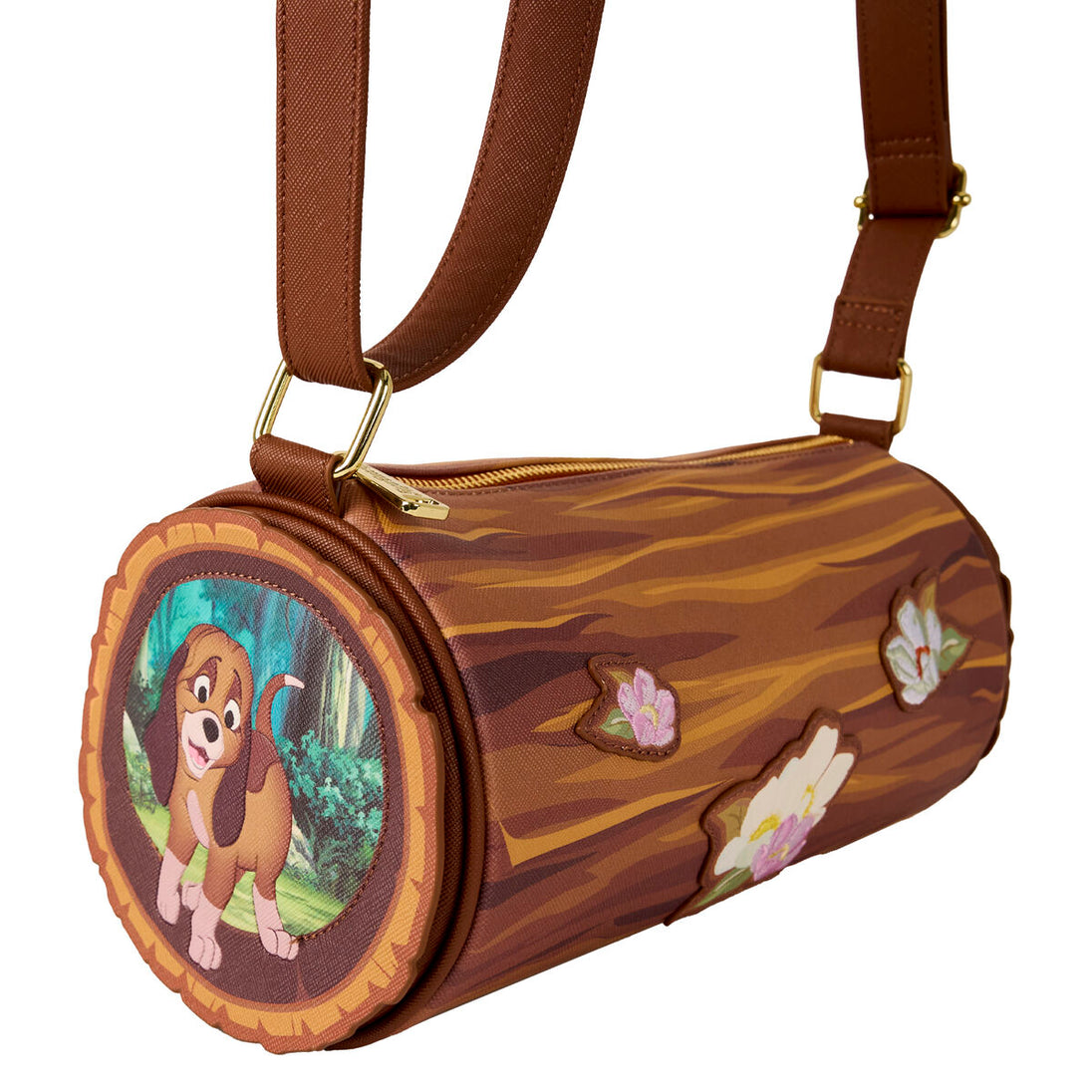 Photo du sac Loungefly The Fox and the Hound côté avec la bandoulière ajustable visible