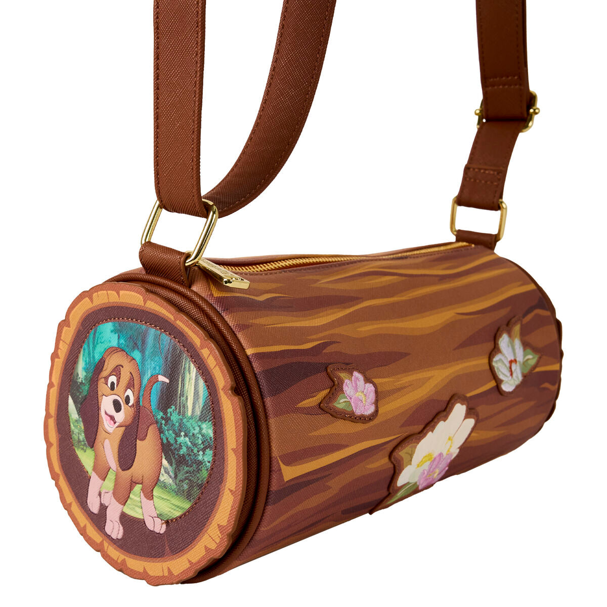 Photo du sac Loungefly The Fox and the Hound côté avec la bandoulière ajustable visible