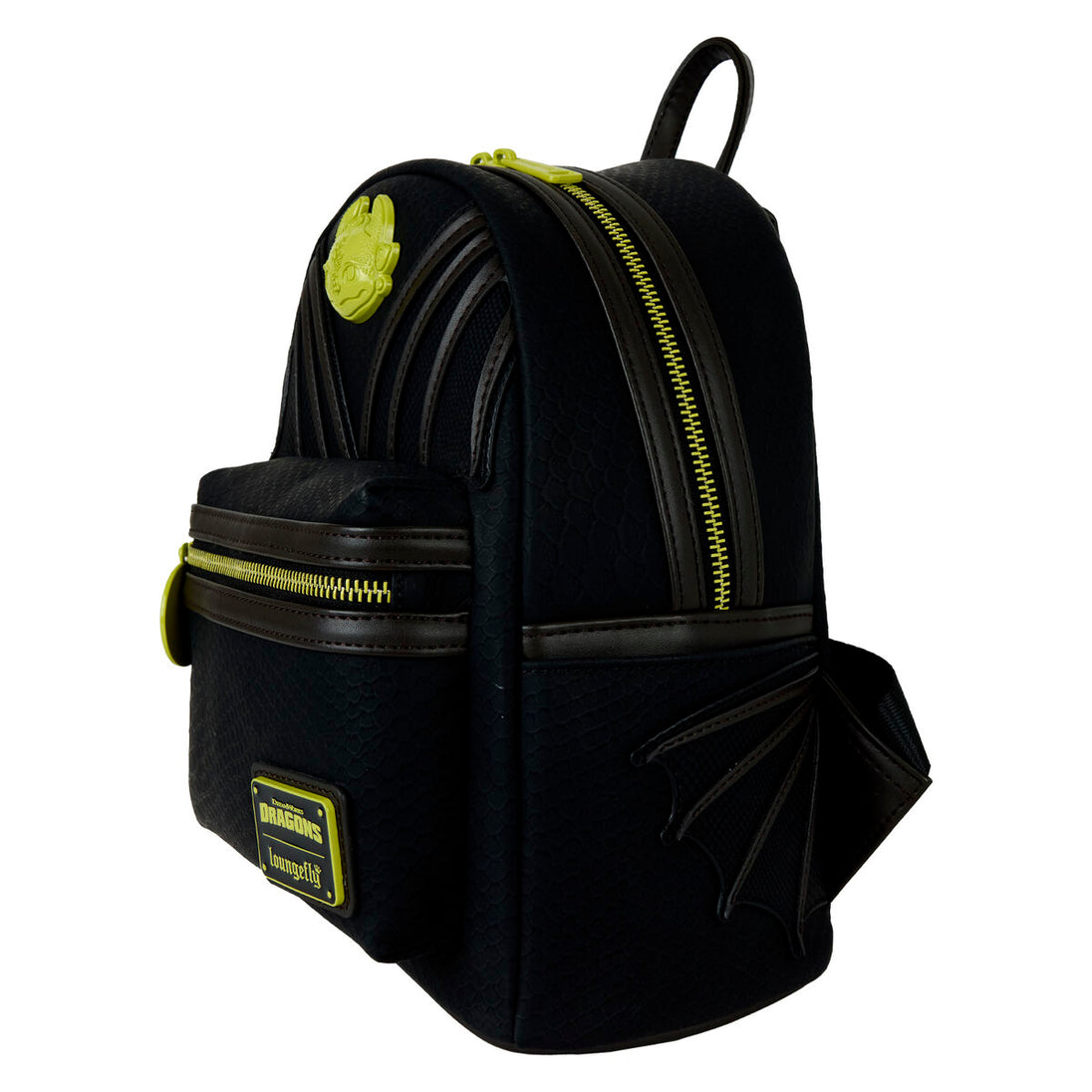 Profil latéral du sac à dos Loungefly avec fermeture éclair visible et texture du matériau haute qualité.