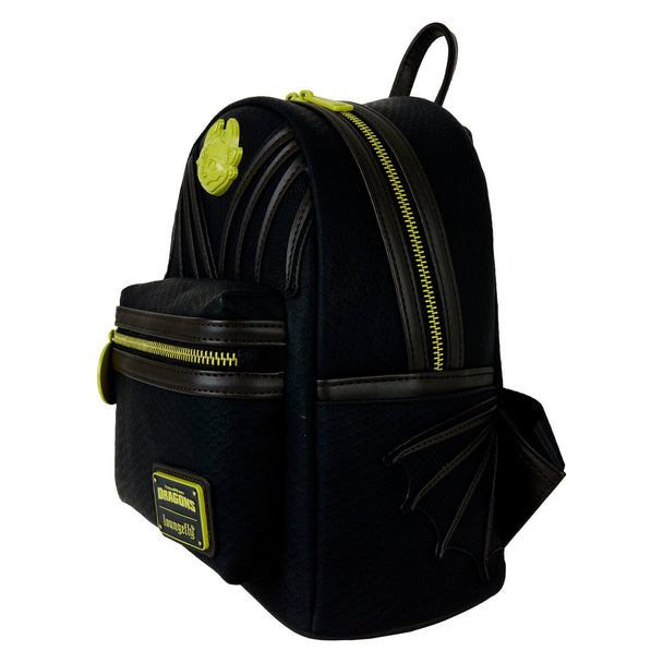 Profil latéral du sac à dos Loungefly avec fermeture éclair visible et texture du matériau haute qualité.