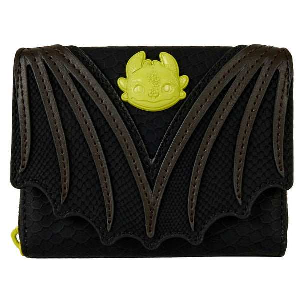 Vue avant du portefeuille Loungefly How to Train Your Dragon avec design coloré et logo officiel