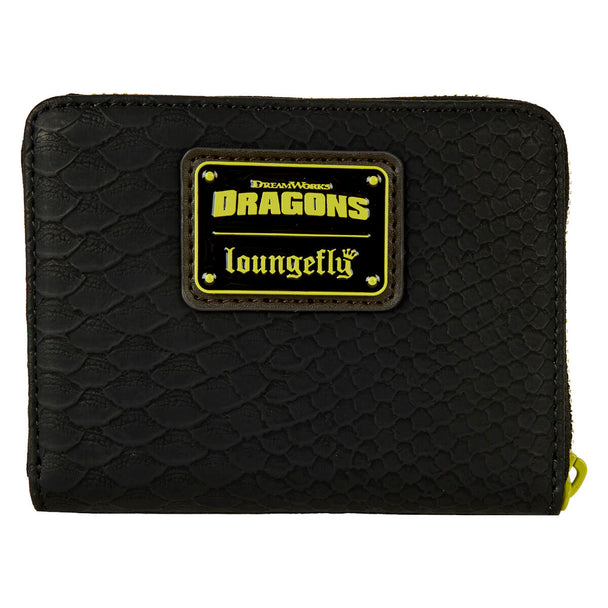 Détail du cuir synthétique et des coutures précises sur le portefeuille Loungefly How to Train Your Dragon