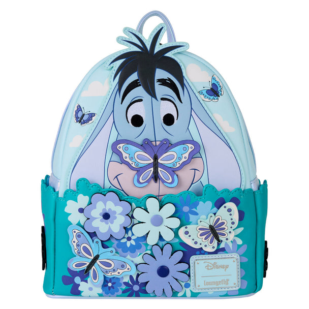 Vue avant du sac à dos Loungefly Disney avec Winnie l'Ourson et Bourriquet, montrant le design coloré et détaillé.