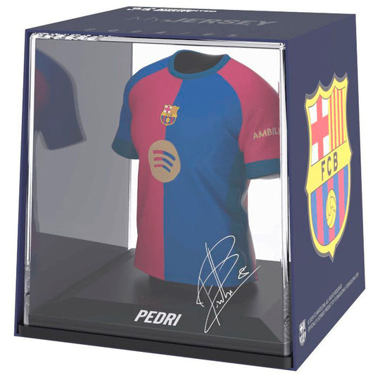 Figurine mini t-shirt FC Barcelona Pedri vue de face avec détails du maillot et logo officiel