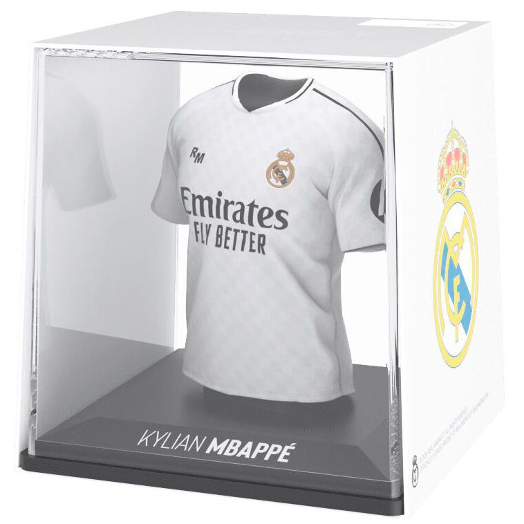 Figurine mini t-shirt Mbappé Real Madrid vue de face avec détails précis des couleurs et du logo