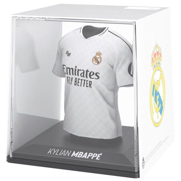 Figurine mini t-shirt Mbappé Real Madrid vue de face avec détails précis des couleurs et du logo