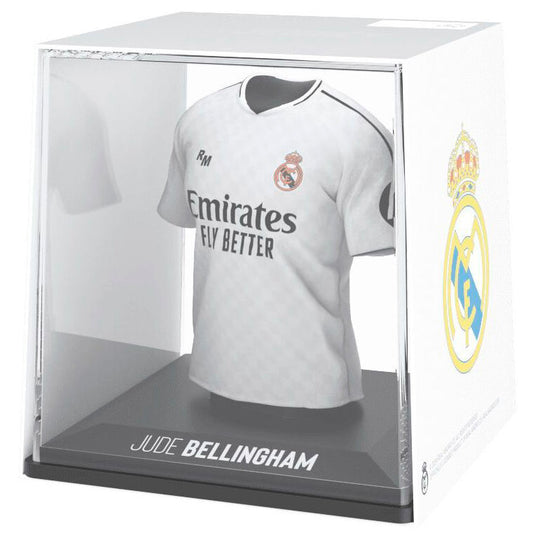 Figurine mini t-shirt Real Madrid Bellingham vue de face avec détails du maillot blanc