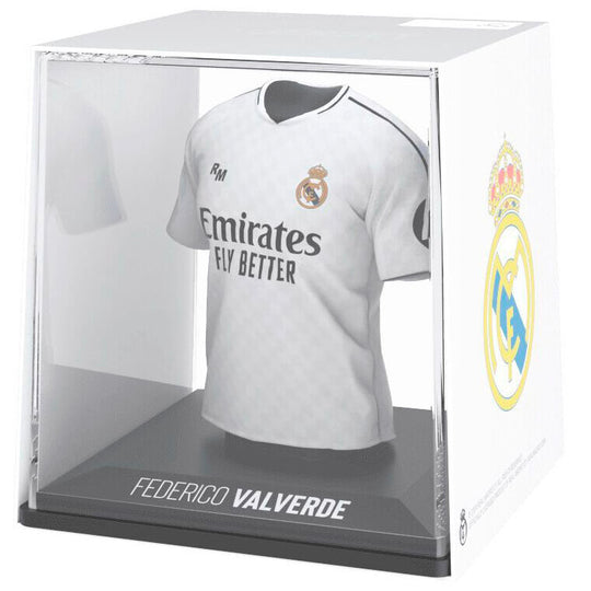 Figurine mini t-shirt Real Madrid Valverde vue de face avec détails du maillot blanc et noir