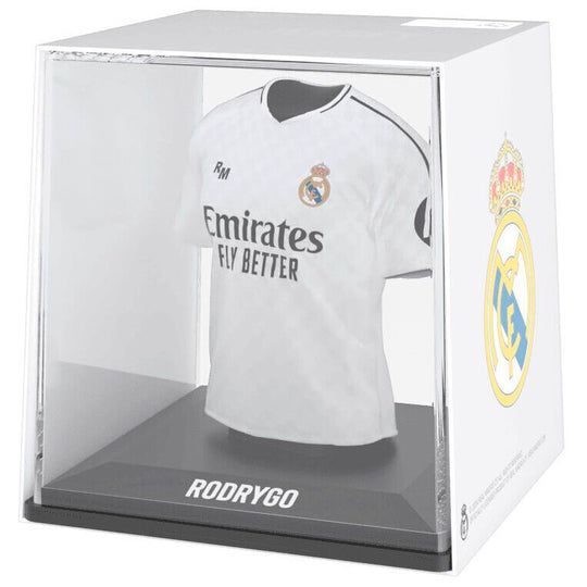 Figurine mini t-shirt Rodrygo Real Madrid vue de face avec détails du maillot blanc et logo