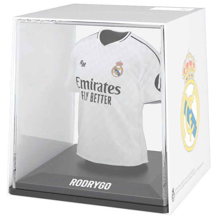 Figurine mini t-shirt Rodrygo Real Madrid vue de face avec détails du maillot blanc et logo