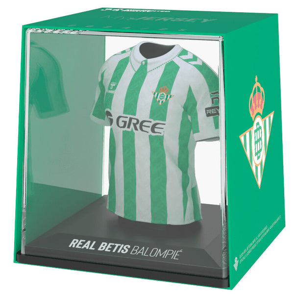 Mini t-shirt Real Betis en vinyle écologique, hauteur 9,5 cm et largeur 9,1 cm avec étui de protection.