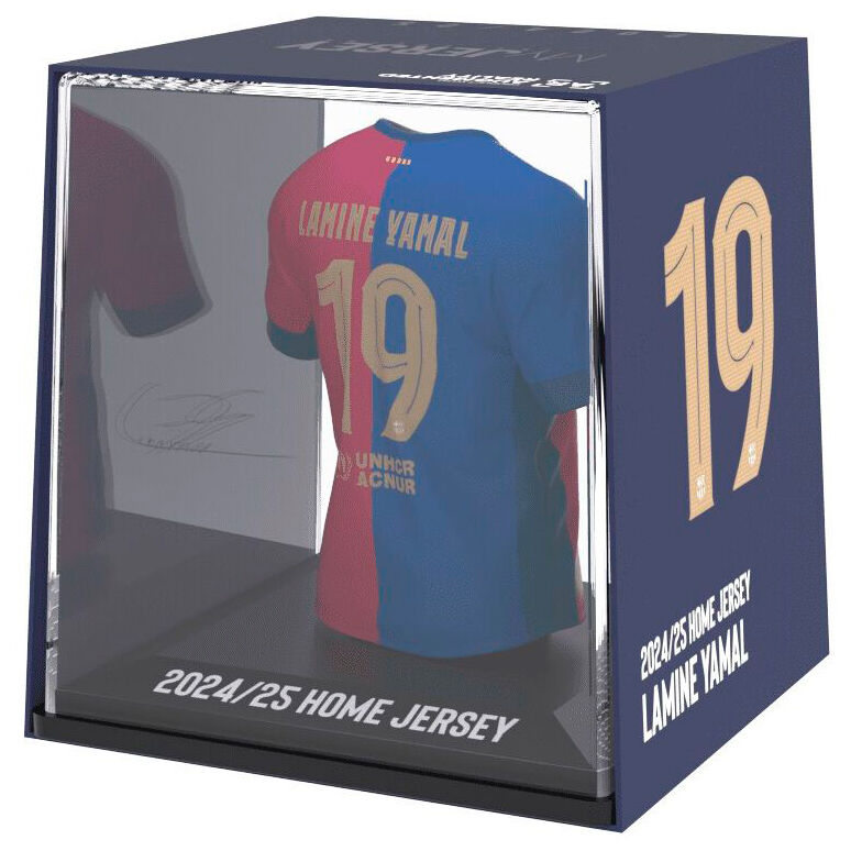 Zoom sur la figurine Lamine Yamal en vinyle avec couleurs bleu et grenat du FC Barcelona